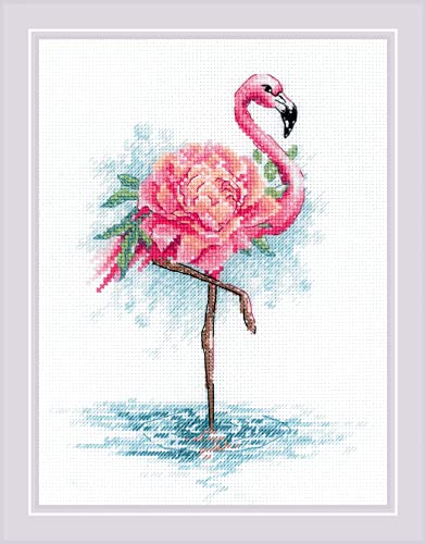 Image of RIOLIS - Blooming Flamingo 2117, Animals Cross Stitch Kits 7 inch x9, Cross Stitch Kits for Beginners & Advanced, Crossstitching Kit Adult, Embroidery Counted Stitching Kit