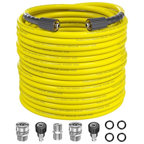 Purilitzs Pressure Washer Hose 100FT with M22-14/15 Fittings 1/4 Inch Kink Resistant Replacement Hose 4000PSI with Leak-Free M22 to 3/8 Quick Connect Adapters Kit Yellow