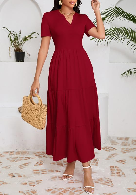 Image of MarryUP Women 2025 Casual Loose Maxi Dress with Pockets V Neck Short Sleeve Tiered Long Summer Beach Swing Dresses