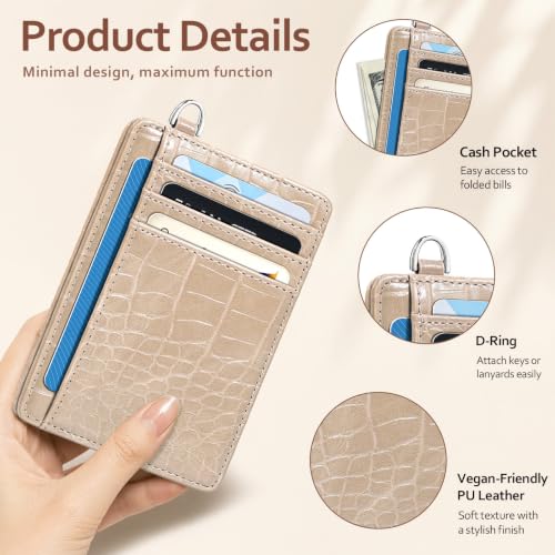 Image of Coco Rossi Crocodile Wallet Women Slim Credit Card Holder with Keychain | Luxury Wallets, Alligator Print, RFID Blocking, ID Case, Small Minimalist, Womens Girls Gift, Sand Beige Croc