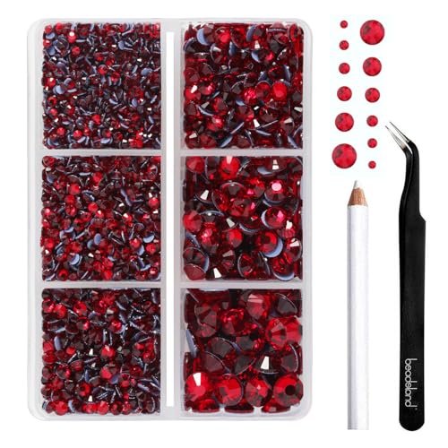 Image of BEADSLAND Hotfix Rhinestones, 4000 PCS Red Rhinestones for Clothes Crafts Mixed 6 Sizes with Wax Pencil and Tweezers Kit, SS6-SS30, Siam