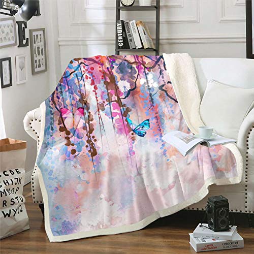 Loussiesd Butterfly Fleece Throw Blanket Colorful Butterflies Plush Blanket for Sofa Bed Botanical Floral Garden Bright Vibrant Double 60x79 Inch