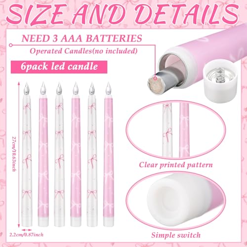 Image of Conelist 6 Pcs Pink Bow Flameless Taper Candles 10.6 Inch Coquette LED Battery Operated Candles for Birthday Bridal Wedding Dinner Room Decor