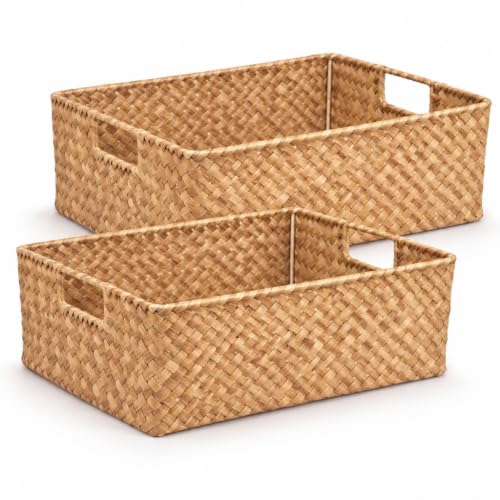 Image of Woodluv Storage Basket Set of 2, Basket for Shelves, Rectangular Hand Woven Storage Wardrobe Organiser, Hamper Baskets, Brown