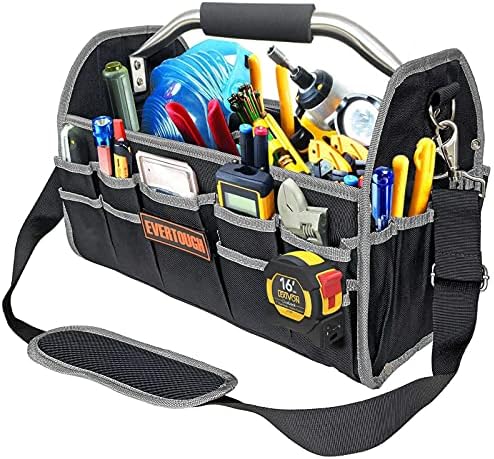16-Pockets Heavy Duty Tool Tote Bag, 600D Reinforced Material Electrician Tool Tote Bag with Open Top, Steel Handle and Shoulder Strap (16 inch)