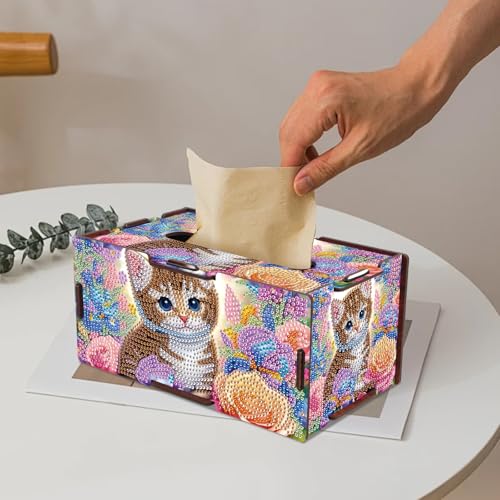 Image of DIY Diamond Painting Tissue Box, Cat Design Diamond Art Wooden Rhinestone Napkin Holder, Floral Tabletop Crystal Rhinestones Art Box for Home Organizer & Table Decor