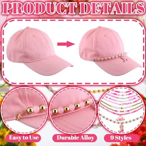 Image of Geyoga 9 Pcs Trucker Hat Chains Trucker Hat Charms Women Man Bill Decoration Detachable DIY Metal Chain for Mesh Baseball Cap(Pink Gold,Cowgirl)