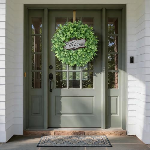 Image of 26 inch Artificial Eucalyptus Wreath with Welcome Sign for Front Door(Green) | Faux Large Greenery, UV-resistant, for Porch /Window /Wall /Farmhouse /Home /Outdoor /Spring /Summer /All Seasons Decor
