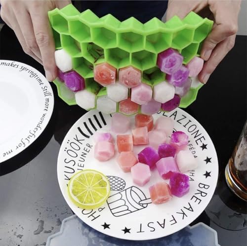 Image of Silicone Ice Cube Trays with Lids Pack of 1Easy-Release Hexagon Ice Maker for Freezer, Reusable Food-Grade Ice Molds for Cocktail Bar, Whiskey, Iced Coffee & Home Kitchen (Green) (1)