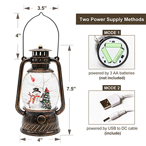 Melunar Christmas Snow Globe Lantern with Swirling Glitter and Battery & USB Powered Light 6H Timer for Christmas Home Decoration and Gift (Christmas Tree and Snowman)