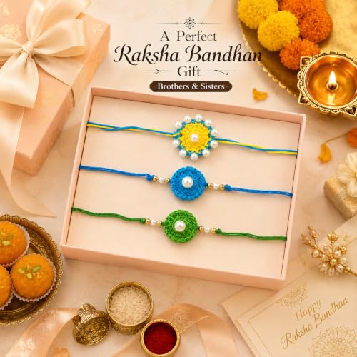 Image of Handmade Crochet Rakhi Set of 3 with Pearl Design for Boys & Kids