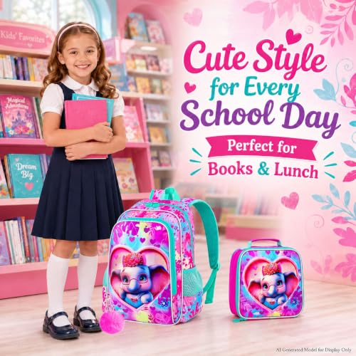 Image of 16 inch Girls Backpack, 3Pcs Elephant School Bookbag with Lunch Box, Kids Backpacks for Elementary Preschool Kindergarten(Pink)