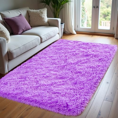 Purple Area Rugs for Bedroom Living Room, 3x5 Soft Fluffy Fuzzy Shag Plush Furry Carpet, Large Indoor Floor Mat for Kids Nursery Home Dorm Office Decor Aesthetic