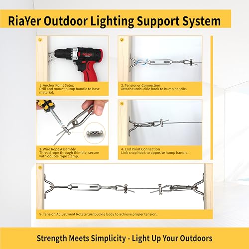 Kit de Cable para Colgar Luces Exterior 165 pies con 5 Tensores Extra - Sistema Completo DIY, Cable de Acero Inoxidable 304 y Tensores Resistentes miniatura 7