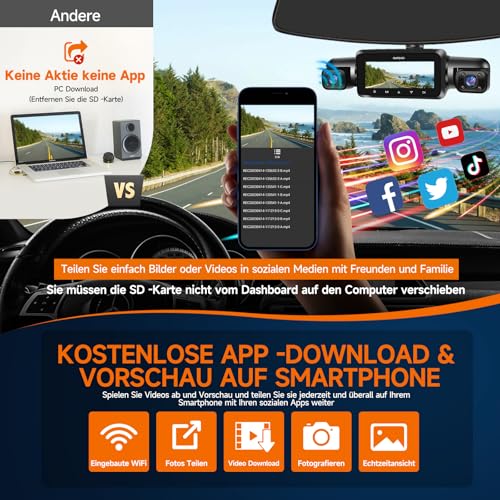 360° Dashcam Auto Vorne Hinten 4 Kanal Dash Cam Auto Kamera FHD 1080Px4,4×150° Weitwinkel,WDR-Nachtsicht (8 IR-LEDs), 3,18" IPS Display, G-Sensor,WiFi GPS,24/7 Parkmodus, 64GB SD-Karte – Bild 6