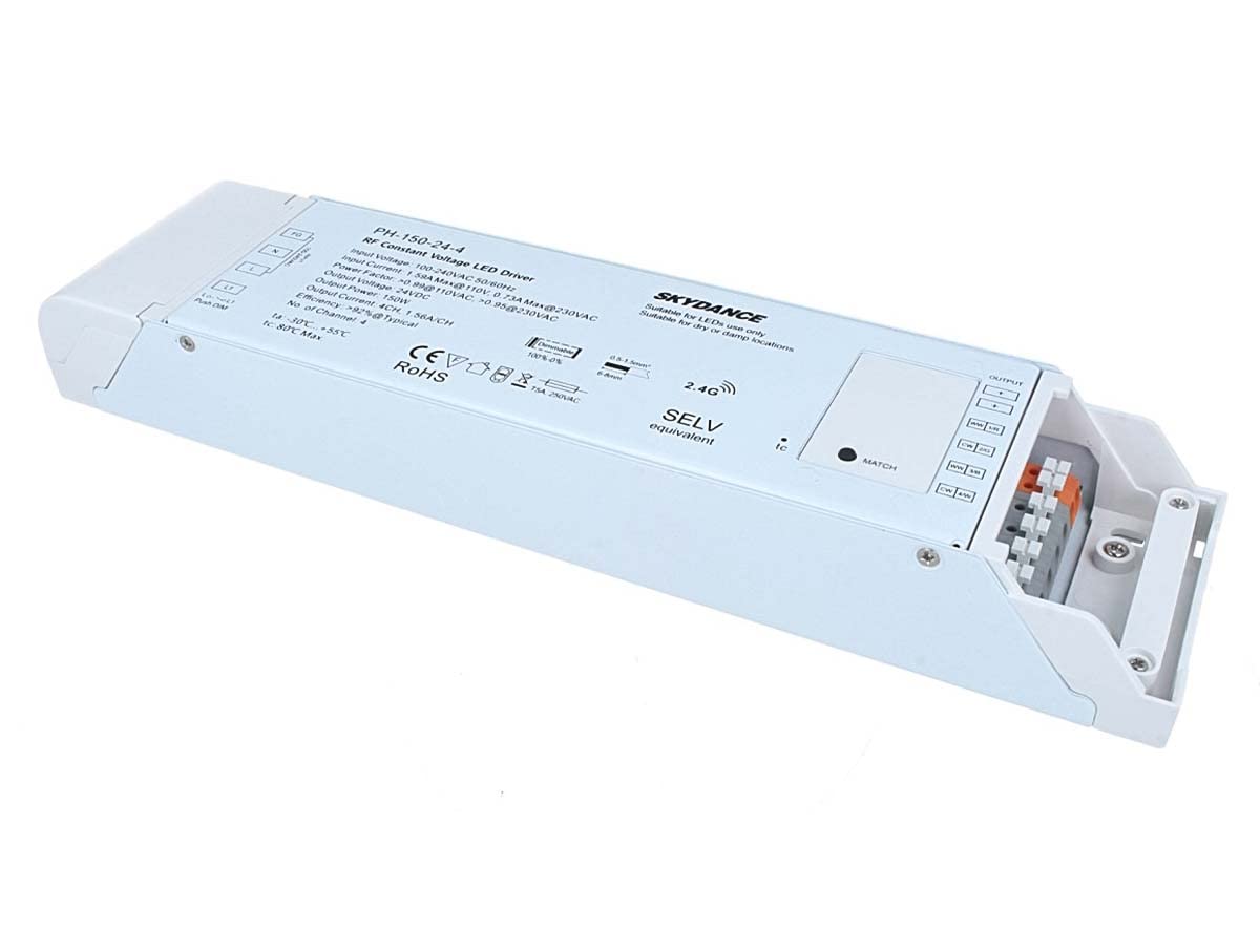 Transformador regulable, 24 V, 150 W, fuente de alimentación CV, regulador de presión de 4 canales con botón N.O. y mando a distancia RF de 2,4 G, para tira LED de 12 V