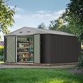 JUMMICO 10 x 10 FT Outdoor Storage Shed, Large Metal Garden Shed & Tool Sheds for Backyard Garden Patio Lawn (Grey)