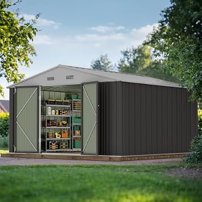 JUMMICO 10 x 10 FT Outdoor Storage Shed, Large Metal Garden Shed & Tool Sheds for Backyard Garden Patio Lawn (Grey)