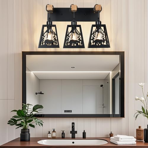 Image of Rustic Bathroom Light Fixtures, 3-Light Farmhouse Vanity Lamp with Bear Design and Wooden Frame, Wall Lighting for Bathroom, Hallway, Kitchen, Porch