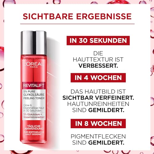 L’Oréal Paris Peeling Toner für Frauen: entfernt abgestorbene Hautzellen und verbessert die Hauttextur und mildert Pigmentflecken mit 5% purer Glykolsäure & Wassermelonenextrakt & Aloe Vera, 1x 180ml