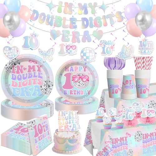 225pcs 10th Birthday Decorations for Girl, Double Digits Birthday Girl Thickened Plates and 2 Tablecloths for Parties and Gatherings In My Double Digi