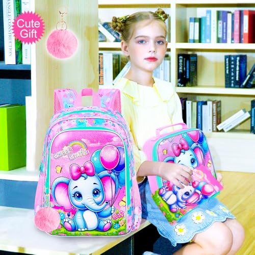 Image of CCJPX 3PCS Backpack for Girls, 16 inchElephant Bookbag with Lunch Box, Kids Water Resistant Elementary School Bag for Preschool Kindergarten Toddler