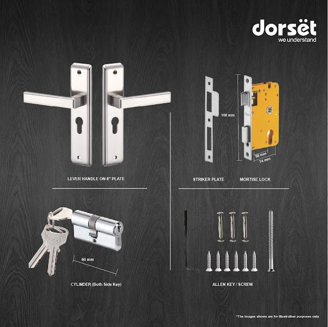 Image of Dorset Kaira Mortise lockset with Both Side Keys | 8 inch Mortise Handle Lockset for Main Door and Bedroom, 60 mm Cylinder, Satin Chrome Finish, HLKAISC