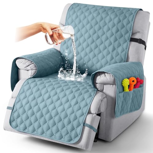 Image of TAOCOCO 100% Waterproof Recliner Covers, Recliner Sofa Covers with Leg Straps, Reversible Recliner Couch Cover for Reclining Chair, Washable Couch Protector for Pets Kids(1 Seater 28 inch, Sky Blue)
