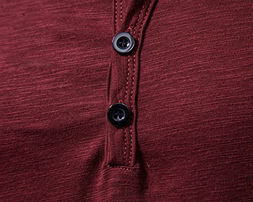Camiseta casual para hombre, cuello de abuelo Henley, camiseta inteligente con medio botón, ajuste delgado, sin cuello, rojo vino, M
