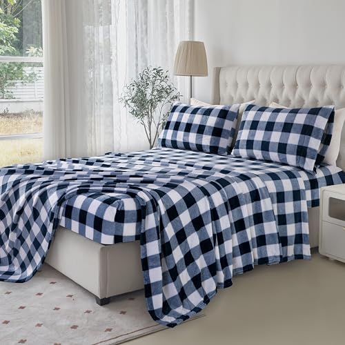 Image of Elegant Comfort Velvet Plush Flannel Sheet Set, King, Buffalo Navy