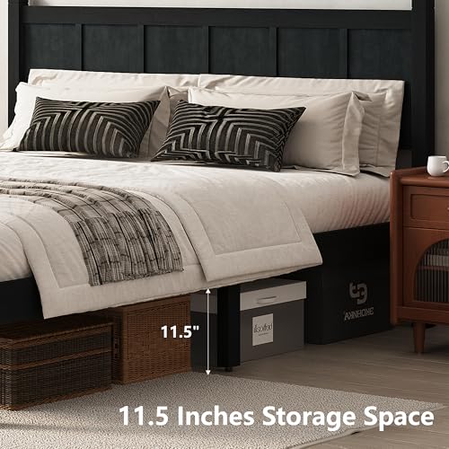Image of Queen Size Vintage Bed Frame with Headboard, Farmhouse Wooden Platform Bed with Under-Bed Storage, Minimalist Modern Wood Grain Finish Bedframe for Bedroom (Black)