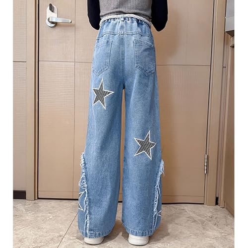 Girl's Star Jeans Baggy Pull On Denim Pants Casual Elastic Waist Wide Leg Jeans Teen Kids Cute Jeans 7-14 Years4