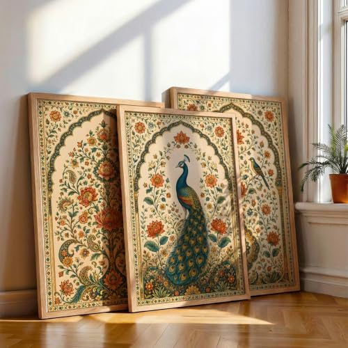 Image of NoWorries Peacock Wall Art Set of 3 Framed Prints | Indian Traditional Floral Botanical Painting, Royal Peacock & Bird Poster, Vintage Rajasthani Ethnic Wall Decor for Living Room Bedroom Home (Synthetic Engineered Wooden Frame) (MIN -12, 17x25 inches)
