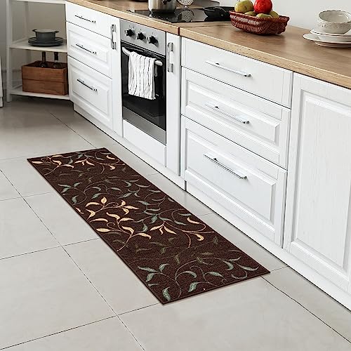 Machine Washable Leaves Design Non-Slip Rubberback 2X5 Traditional Runner Rug For Hallway, Kitchen, Bedroom, Entryway, 20" X 59", Brown #TOP4
