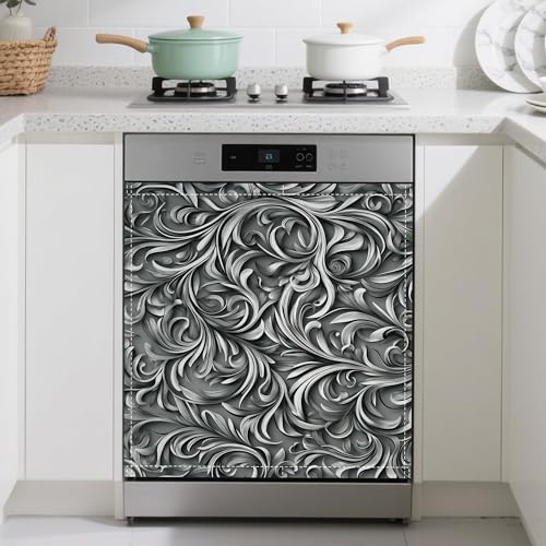 Image of Black Vines Dishwasher Magnetic Cover, Decorative Fabric Dishwasher Door Cover with Top and Bottom Magnets, Flexible Kitchen Appliance Decor, 23 x 26 Inches