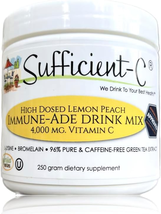 Sufficient-C High-Dosed 4000 mg. Vitamin C Lemon Peach Immune-Ade Drink Mix 250 gram Size - Refreshing with Generously Dosed L-lysine, Bromelain & 96% Pure, Caffeine-Free Green Tea Extract