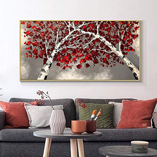 Peinture à l'huile sur toile 100% fait main, paysage d'arbres rouges moderne 70x140 cm