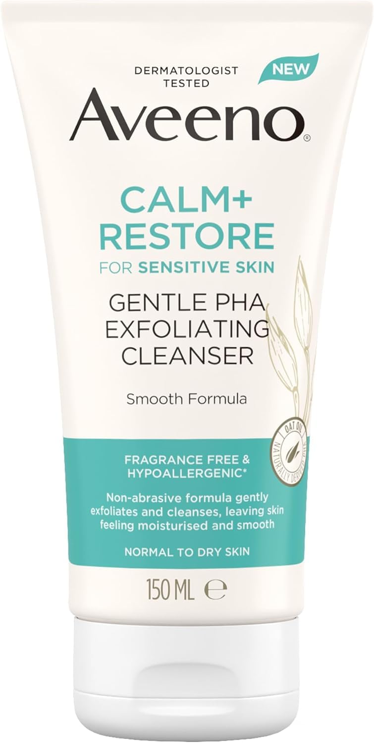 Aveeno Face Calm+Restore Gentle PHA Exfoliating Cleanser (1x 150ml), With Nourishing Oat Oil and Naturally Derived PHA, Face Cleanser for Sensitive Skin, Exfoliator Gentle Enough for Daily Use