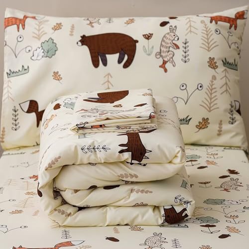 Image of CLOTHKNOW 4Pieces Yellow Animal Toddler Bedding Sets for Boys Girls Kids | 4Pcs Bedding Sets, Cartoon Fox Bear Pattern, Soft Crib Bed Sets
