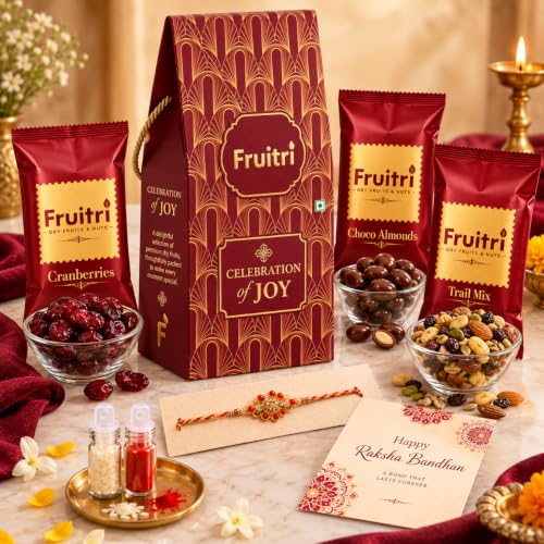 Image of Fruitri Rakhi Gift Hamper for Brother with Dry Fruits 150g, Chocolate Almonds, Cranberries & Trail Mix 50g Each, Rakhi, Roli Chawal & Gift Box | Raksha Bandhan Gift for Brother, Festive Gift Hamper