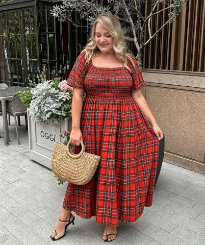 Image of RITERA Plus Size Dresses for Curvy Women Square Neck Short Sleeve Summer Floral Smocked Maxi Dress with Pocket XL-5XL