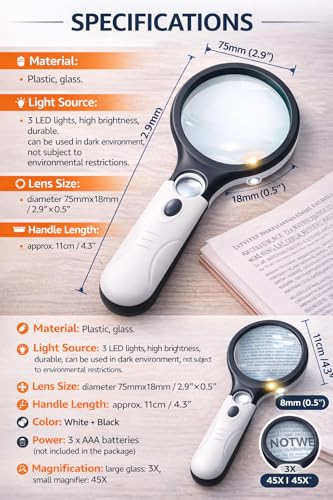 Image of LABART Magnifying Glass with 3 Led Light 3X & 45X Big Size Zoom Lenses for Seniors, Book and Newspaper Reading, Eyelash Extensions Magnifier Glass (Black and White) with 1 Year Warranty