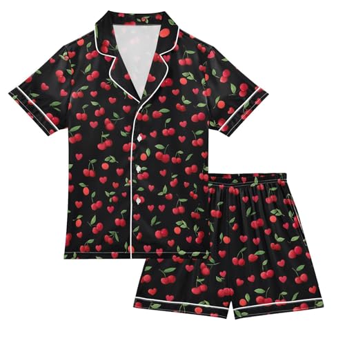 ALAZA Red Cherry Green Leaf Black Satin Pajamas Set Short Sleeve Button Down Sleepwear Summer Pjs 2 Piece