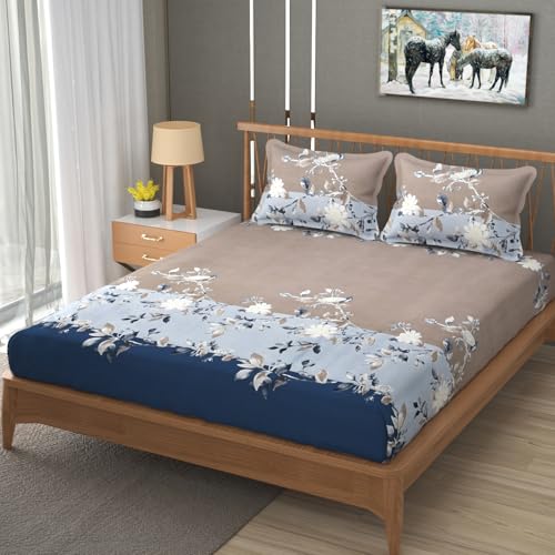 Image of Vram Premium Heavy Cotton Flat Bedsheets with 2 King Size Pillow Covers || Double Bed 350 TC || 90 x 100 Inch King Size Flat || :- Blue Tricolor