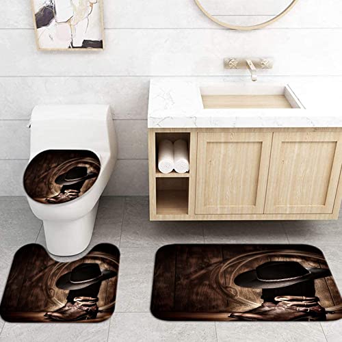 Atgowac 4 Piece Western Cowboy Shower Curtain Sets With Rugs, Cowboys Bathroom Set Shower Curtain, Man Cave Boys Bathroom Decor Set #TOP2