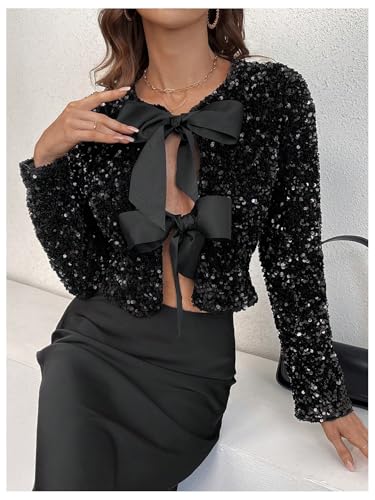 WDIRARA Women's Sequin Bow Knot Crop Jacket Glitter Sparkling Party Outerwear4