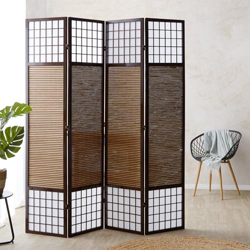 Homestyle4u 876, Paravent Raumteiler 2 m hoch 4 teilig, Trennwand Bambus Holz, Sichtschutz Braun