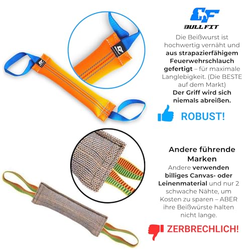 Bull Fit Beisswurst für Hunde, 30 cm, mit Zwei Schlaufen - Sehr Robustes Hundespielzeug zum Training, Tauziehen und Zerrspiele mit Hund - Aus hochwertigem Feuerwehrschlauch handgefertigt, orange