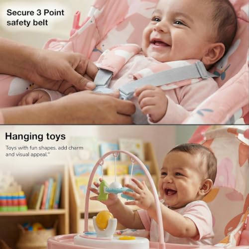 Image of Baybee Baby Rocker & Bouncer Chair for 0-3 Years | Baby Feeding Chair with Push Rocker Mode, Adjustable Canopy, Hanging Toys, 360 Wheels & 3-Point Safety Belt (Pink)
