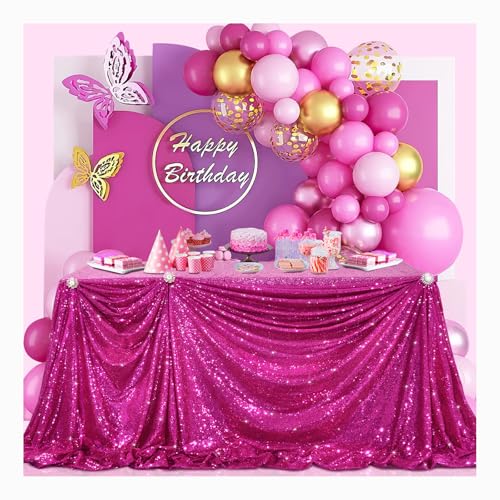 Image of B-COOL Fuchsia Sequin Tablecloth 90x90 Inch Square Glitter Tablecloth Wedding Table Cloth Birthday Party Decoration Indoor Outdoor Event